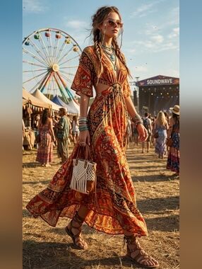 🪄🫰 Spell Lolita Cutout Dress Campfire Red Orange Maxi Boho Festival Size Small